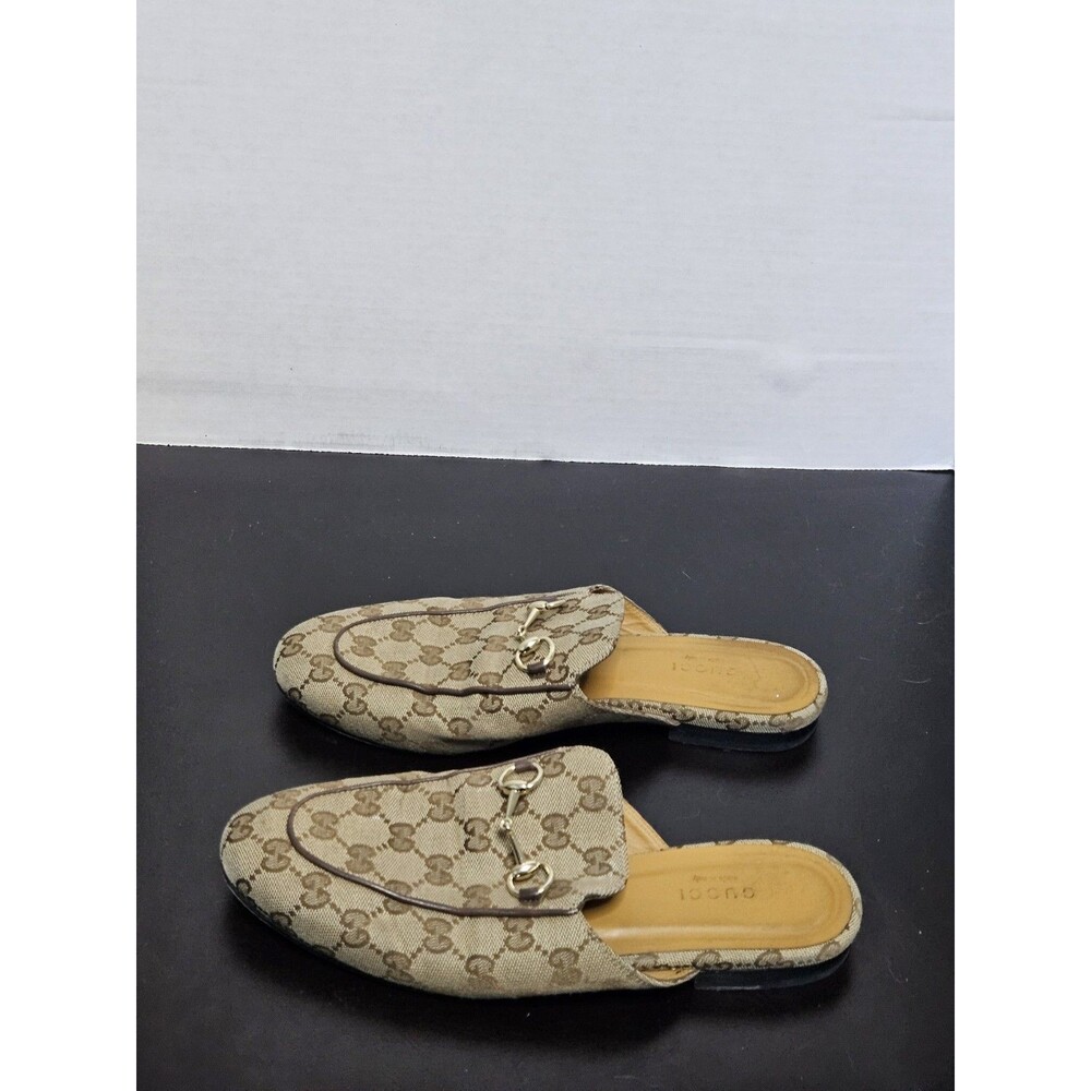 Eu 38.5 US 8.5 Gucci Women GG Monogram Canvas Horsebit Slip-On Mule Loafer Beige